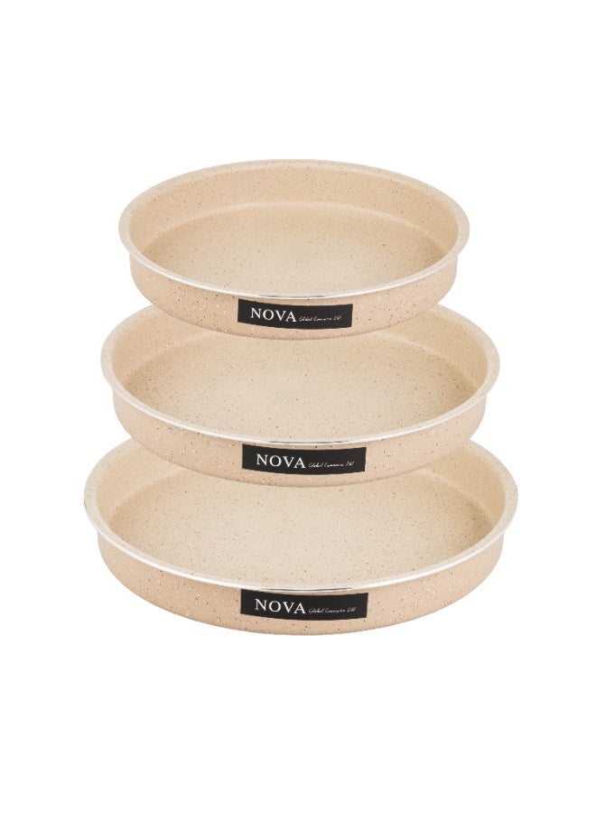 Round oven tray set with granite coating and non-stick surfaces, beige - Image 1